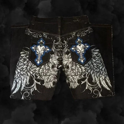 Jeans embroidered hip-hop wide-leg floor-moving Y2K mid-waist gothic individual men's pants American retro fashion trousers