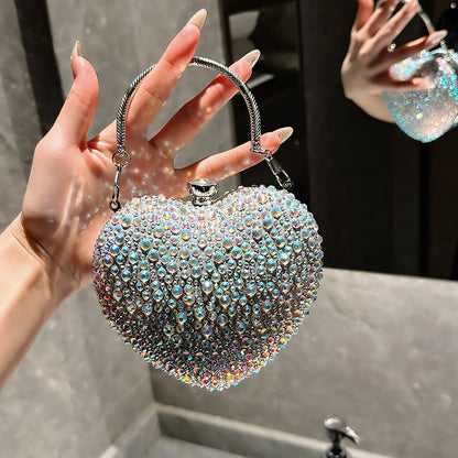 Designer Luxury Diamond Heart-shaped Bag Red Rhinestone Evening Clutch Purse Female Wedding Handbag Woman Chain Shoulder Bags