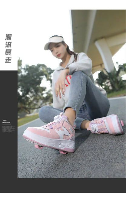 Children's walking shoes 2024 new double wheel invisible roller skates young primary school children big child swivel buckle