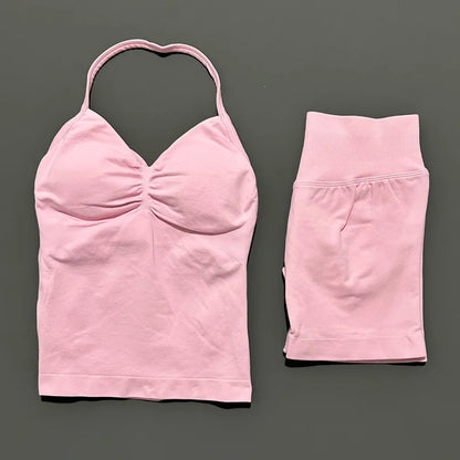 No Logo 2 Pies Sports Set Women Backless Tank Yoga Tops High Waist Scrunch Seamless Shorts Sport Gym Set Sportswear Workout Set