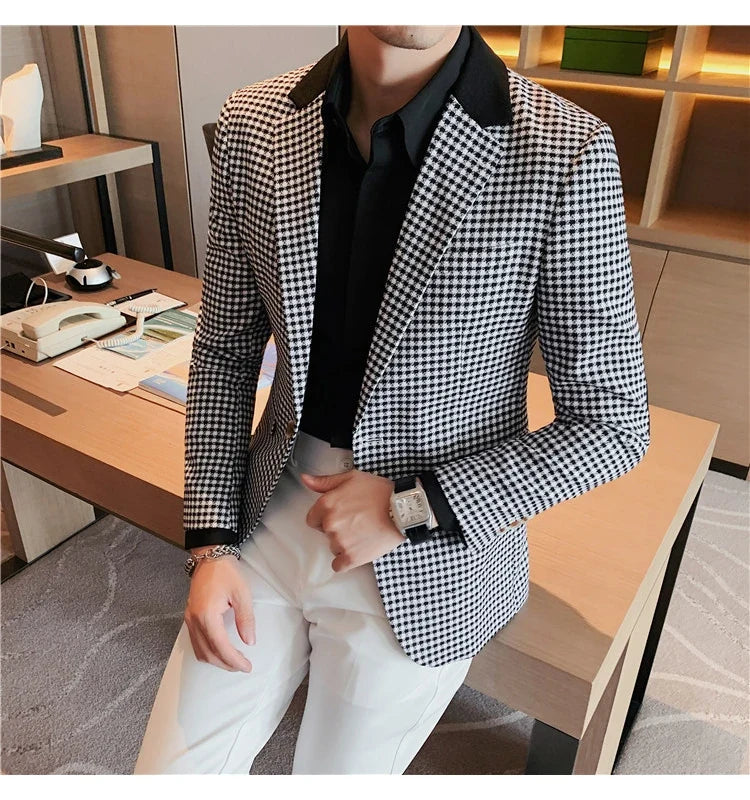 2024 Autumn Winter Korean  Houndstooth Blazer Jackets Fashion Color Matching Lapel Design Casual Men's Plaid Suit Coat Tuxedo