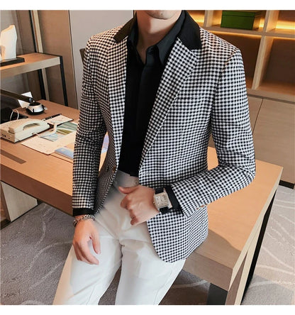 2024 Autumn Winter Korean  Houndstooth Blazer Jackets Fashion Color Matching Lapel Design Casual Men's Plaid Suit Coat Tuxedo
