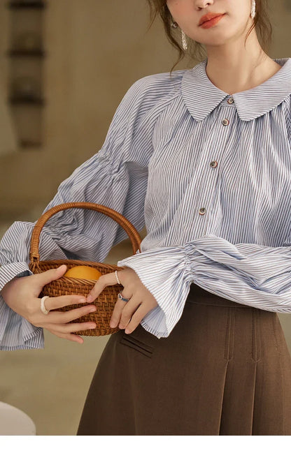 Women's Blue Stripe Shirt 2024 Spring Fashion French Retro Bubble Sleeves Doll Neck Loose Tops Office Lady MXD12C0163