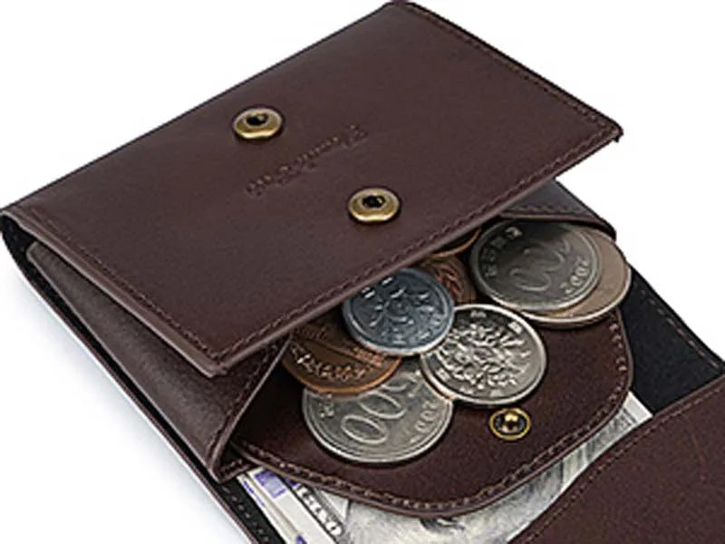 Men's Small Wallet Made of Fine Grain Leather Vintage Genuine Leather Mini Wallet with Coin Compartment and Press Stud