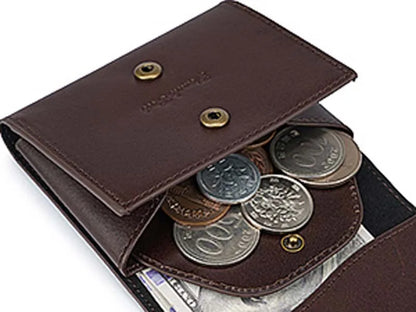 Men's Small Wallet Made of Fine Grain Leather Vintage Genuine Leather Mini Wallet with Coin Compartment and Press Stud