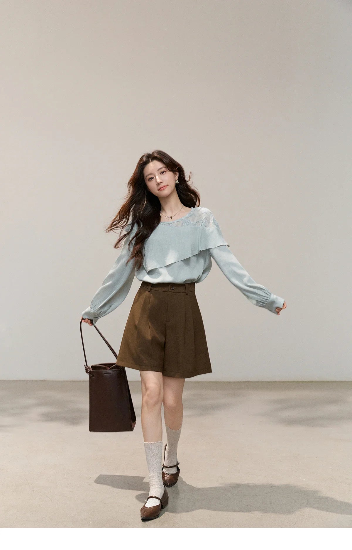 Women's Asymmetric Lace Panel Long Sleeve Blouses 2026 Spring Ruffle Layered Cew Neck Casual Loose Blouse MXF14X2545