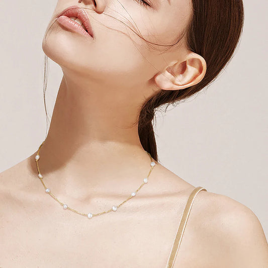 14K Gold 925 Sterling Silver Pearl Necklace with 3-4mm Handmade Natural Baroque Pearl Tiny Chain for Women GPN19