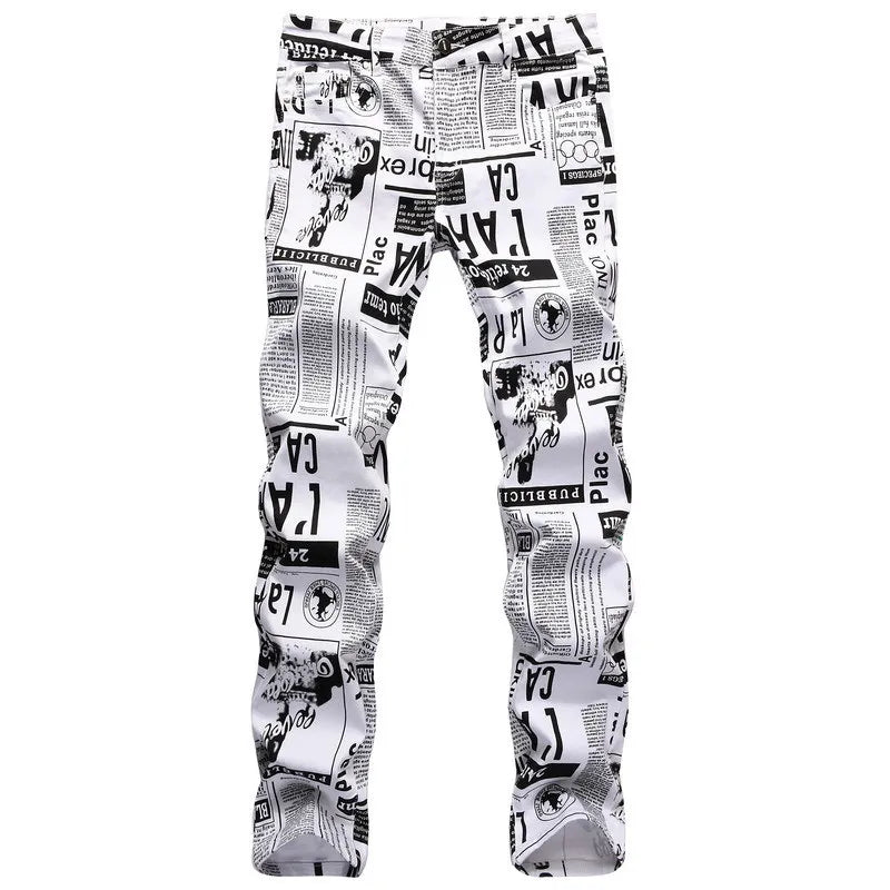 2026 Street Style Men’s Slim Stretch Jeans Trend Newspaper Full Print Personalized Stylish Sexy Denim Pants Men Casual Trousers