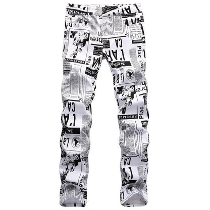 2026 Street Style Men’s Slim Stretch Jeans Trend Newspaper Full Print Personalized Stylish Sexy Denim Pants Men Casual Trousers