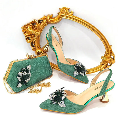FASHION SHOE Sandals Women 2022 High Heels sexy Green Color Rhinestone Flowers Party Pumps Wedding Shoe and Matching Bag Set