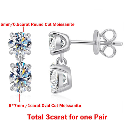 3cttw  Certified Oval/Round Cut Moissanite Diamond Drop Earrings for Women 100% 925 Sterling Silver Stud Earring Fine Jewelry