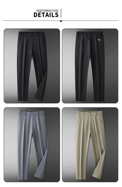 2026 Spring Summer Thin Ice Silk Suit Pants Men's Business Straight Slim High Elastic Ankle Length Casual Pants Male