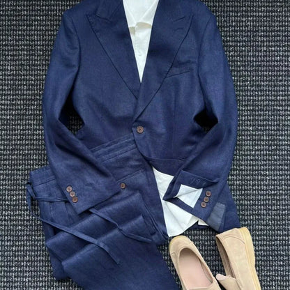 British Style Mens Linen Thin Suit Sets Slim Single Breasted Retro Blazers Pant Outfits Spring Summer Male Coat Two-Piece Set