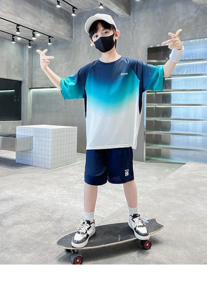 Summer Boys Gradient Quick-dry T-Shirt Top+Shorts Pant Sportswear Set School Kids 2PCS Tracksuit Children Jersey Outfit 5-16 Yr