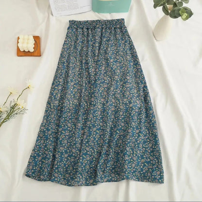 Women Chiffon Midi Skirt Korean Fashion Floral Loose Skirts High Waist Female Casual All Match A Line Skirts Summer New