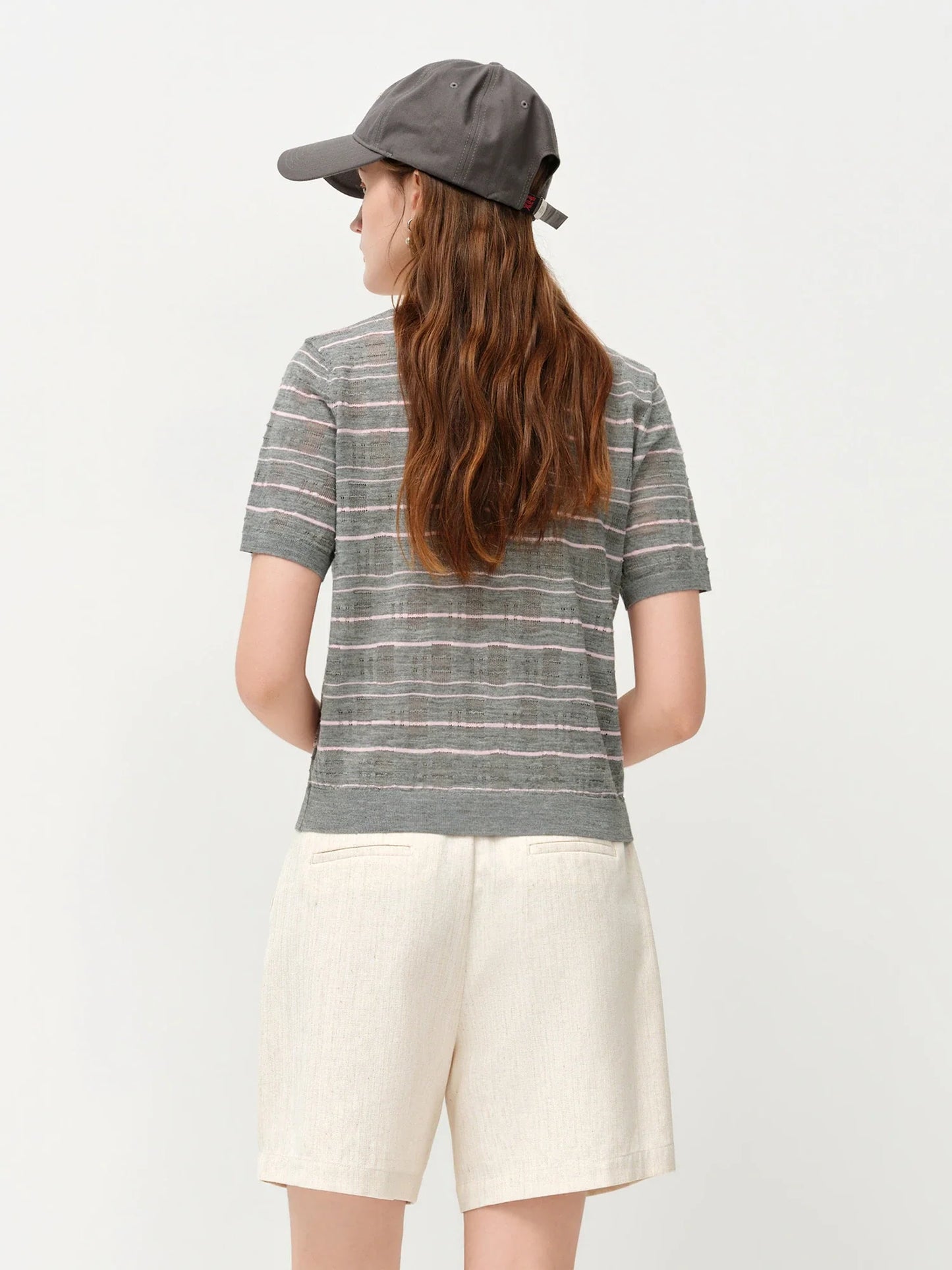 2026 Summer Women's Textured Cut-out Round Neck Short Sleeve Knit Top Soft Lightweight Breathable Blouse Elegant Style