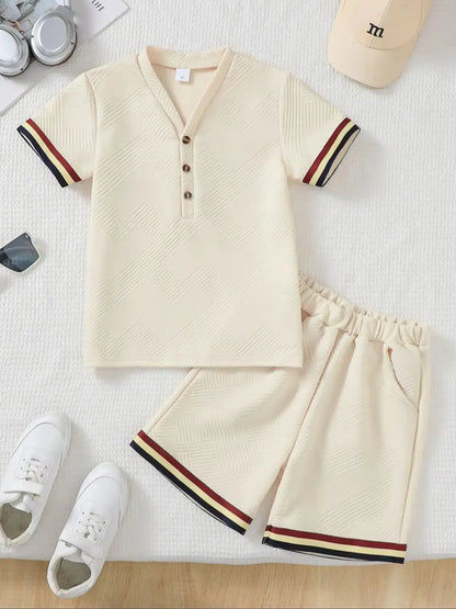 Boys Big Kids Casual Striped Short Sleeve Shorts Set Summer Fashionable Comfortable Versatile Outdoor Scene Suitable Outfit