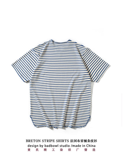 Summer men's pure cotton T-shirt, retro striped V-neck T-shirt from the United States, fashionable and versatile casual style