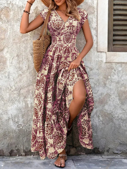 2026 Vintage Printed Dress Fashionable and Elegant V-Neck Short-Sleeved Jumpsuit Long Skirt Women's Clothing