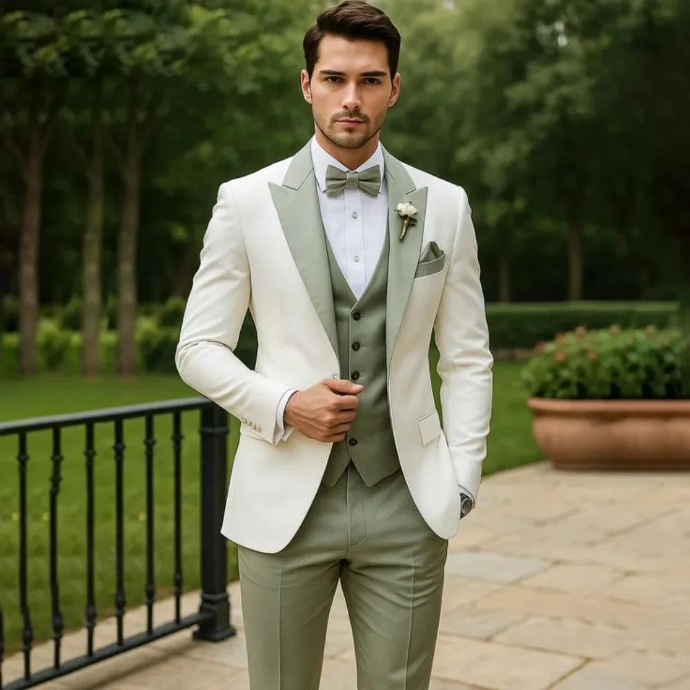 3 Pieces Wedding Tuxedo for Groom Sage Green Slim Fit Formal Men Suits Elegant Blazer Vest Pants Set for Prom Party Ceremony