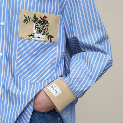 Women's Shirt 2026 Autumn New Floral Embroidered Lapel Collar Contrast Stripe Blouse Cotton Casual Top For Women 12641012