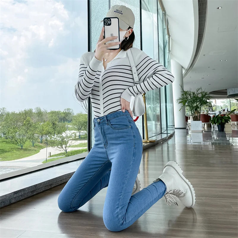Women Stretch Jeans Lady Slim Skinny Pencil Jeans High Waist Vintage Pants Girls Leggings Straight Leg Korea Fashion Trousers