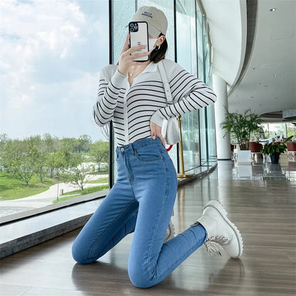 Women Stretch Jeans Lady Slim Skinny Pencil Jeans High Waist Vintage Pants Girls Leggings Straight Leg Korea Fashion Trousers