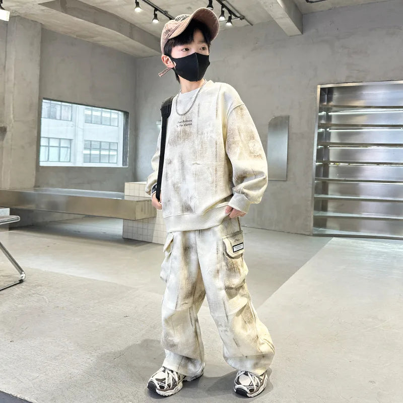 Boys Loose Tie Dye Printed Workout Sweatshirt+Sweatpant Streetwear Set School Kids 2PCS Tracksuit Children Jogger Outfit 5-16 Yr