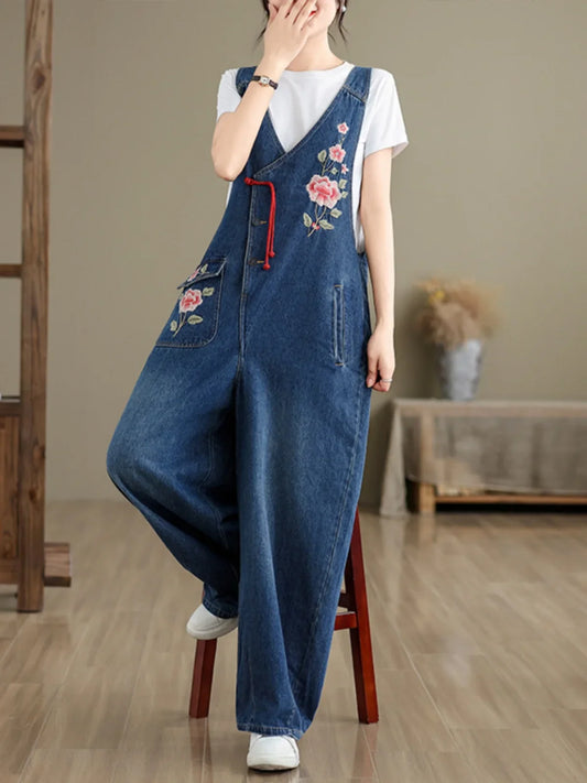 Spring 2025 New Vintage Large Size Loose Embroidered Denim Overalls High Waist Long Pants Women's Faion Casual Jeans