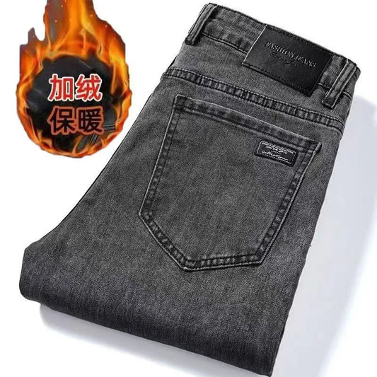 Men's Winter Stretch Fleece Jeans Thickened Warm Loose Straight Velvet Denim Trousers Classic Business Casual Black Work Pants
