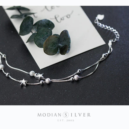 New 925 Sterling Silver Beads Ball Stars Double Layer Bracelet For Women Charm Bracelet Engagement Original Fine Jewelry