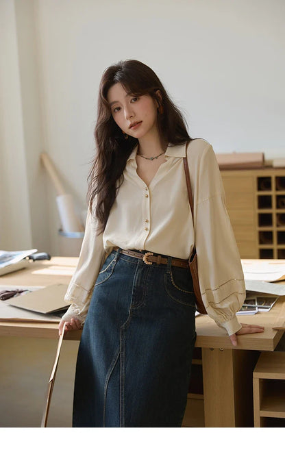 Women's Shirt Lantern Sleeve Hollow Out Tops 2025 Autumn Single Breasted Solid Shirts Lapel Shirt Office Lady MXE41C2359