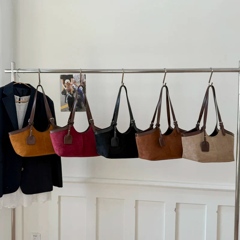 2026 Autumn Retro Suede Shoulder Bags for Women Faux Patchwork PU Underarm Armpit Bag Work Travel Casual Street Designer Handbag