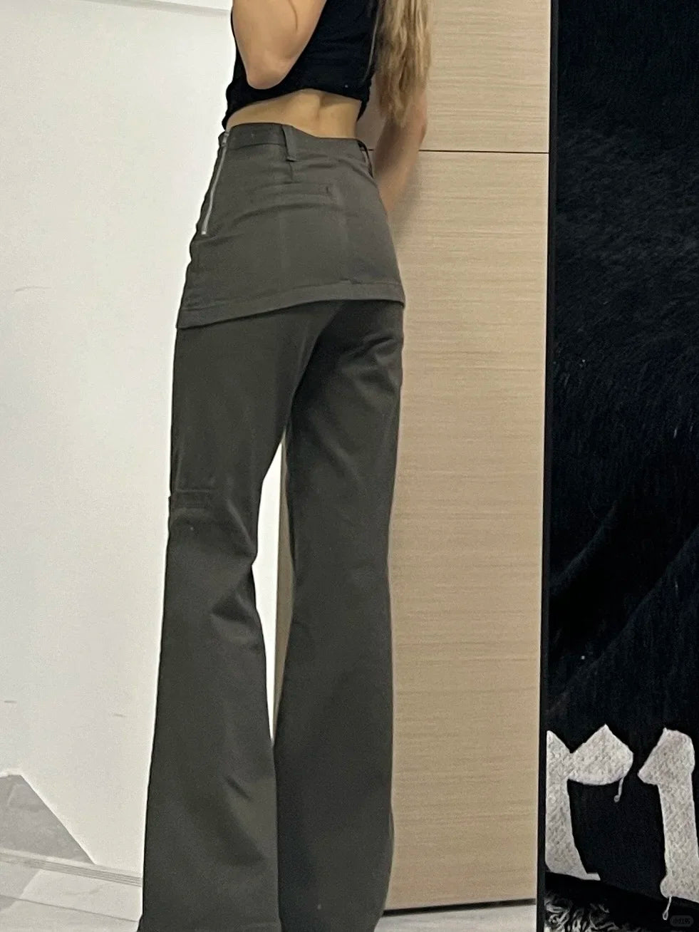 Y2k American Retro Fake Two-Piece Oversize Vintage Jeans Women High-Waist Straight Mini Bell-Bottom Skirt Wide-Leg Denim Pants