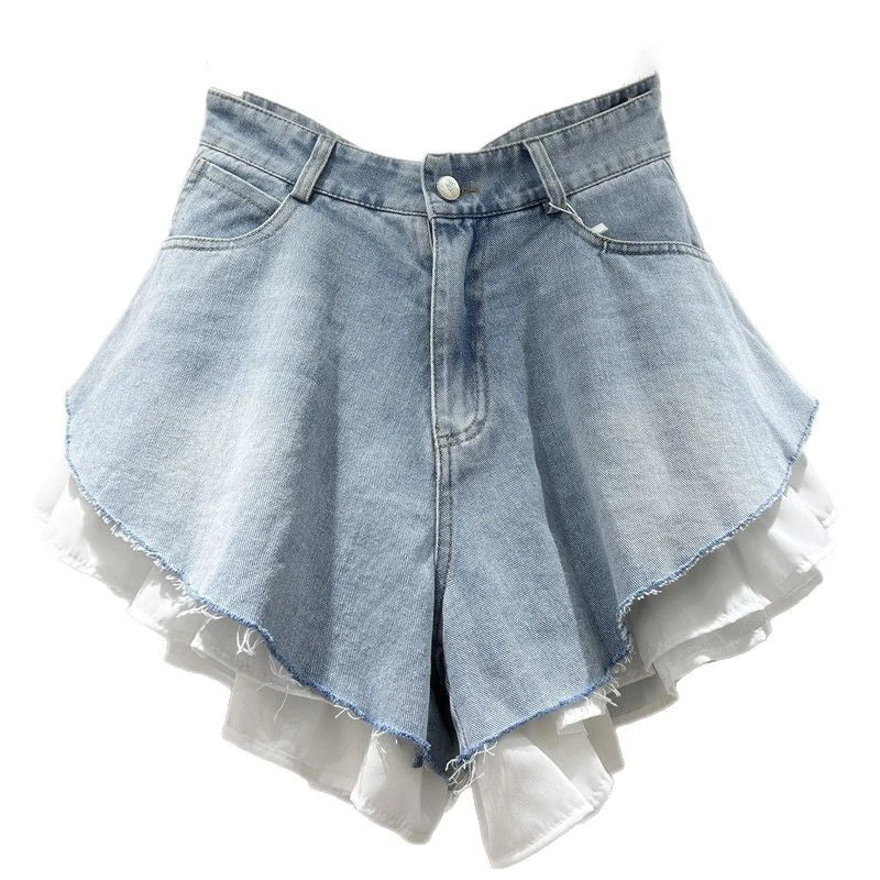 New Fashion Women's Patchwork Hem Wash Denim Shorts 2025 Summer Trendy High Waist A-line Short Pants Female 1LS1393