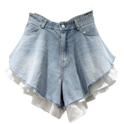 New Fashion Women's Patchwork Hem Wash Denim Shorts 2025 Summer Trendy High Waist A-line Short Pants Female 1LS1393