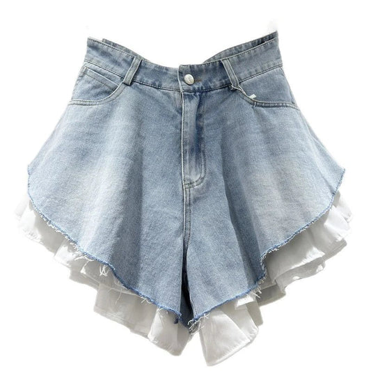 New Fashion Women's Patchwork Hem Wash Denim Shorts 2025 Summer Trendy High Waist A-line Short Pants Female 1LS1393