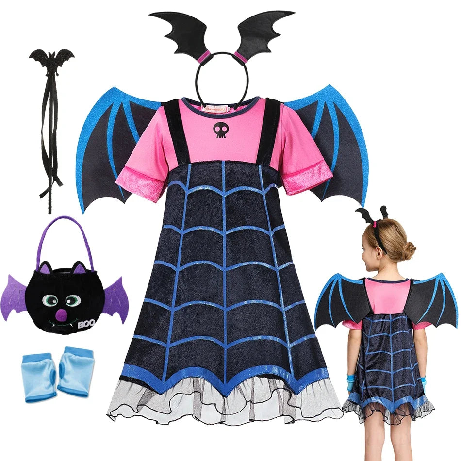 Girls Junior Vampirina TV Series Inspired Dress with Wings Little Vampire Kids Cosplay Costume Play Bat Design Halloween Apparel