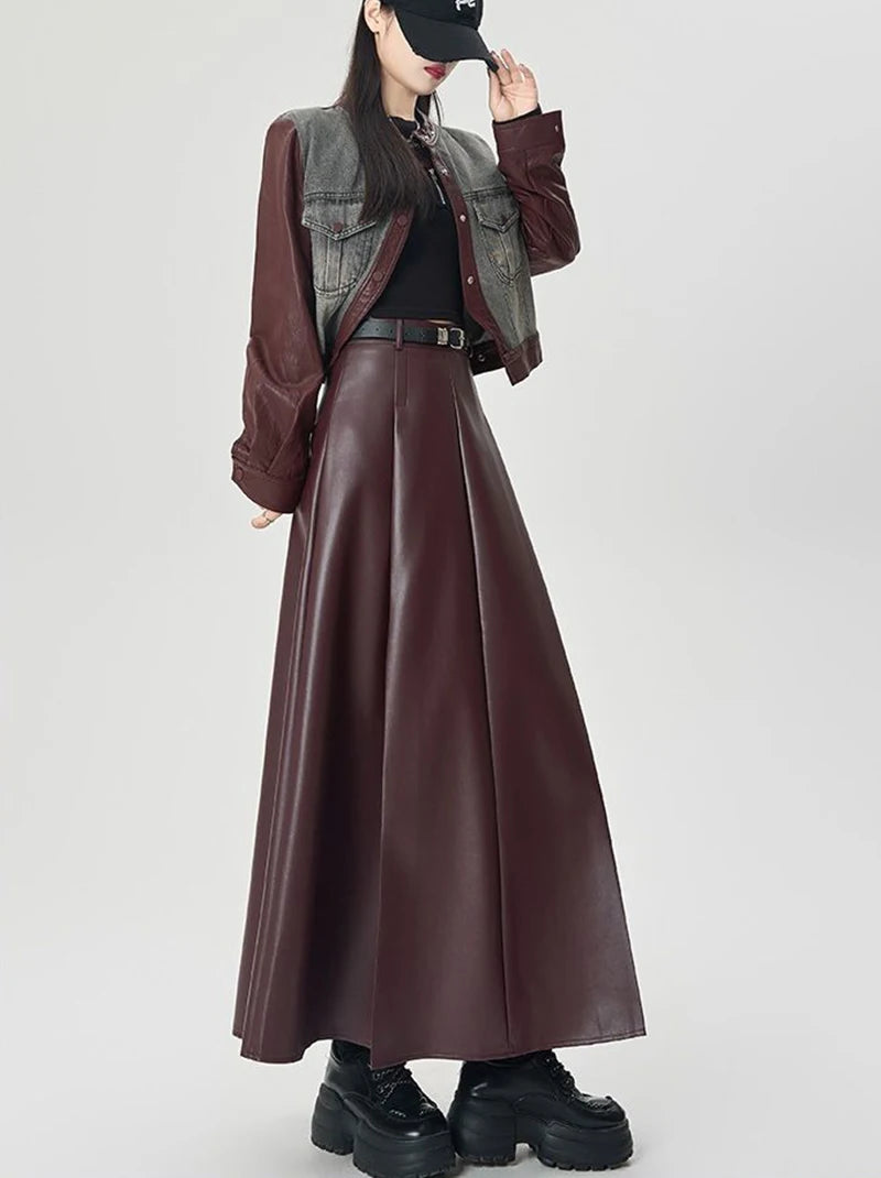 Vintage PU leather women midi skirts Y2K Autumn high waist Streetwear with belt pleated Skirt female elegant Solid A line skirts