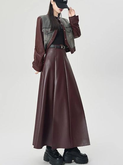 Vintage PU leather women midi skirts Y2K Autumn high waist Streetwear with belt pleated Skirt female elegant Solid A line skirts