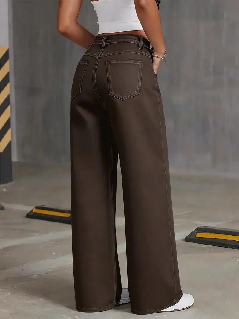 2026 New Brown Stretch Wide Leg Jeans Women High Waist Loose Straight Denim Pants Streetwear Casual Vintage Trousers