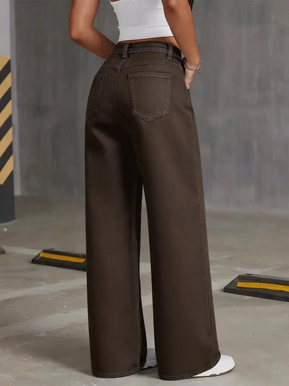 2026 New Brown Stretch Wide Leg Jeans Women High Waist Loose Straight Denim Pants Streetwear Casual Vintage Trousers