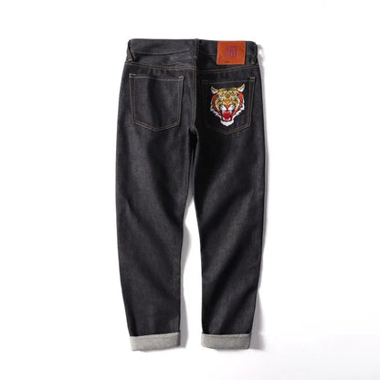 Men's Japanese Handmade Embroidered Jeans Pure Cotton Straight Tube Hip-Hop Popular Slim Red Ears Show Thin Trousers Devil Black