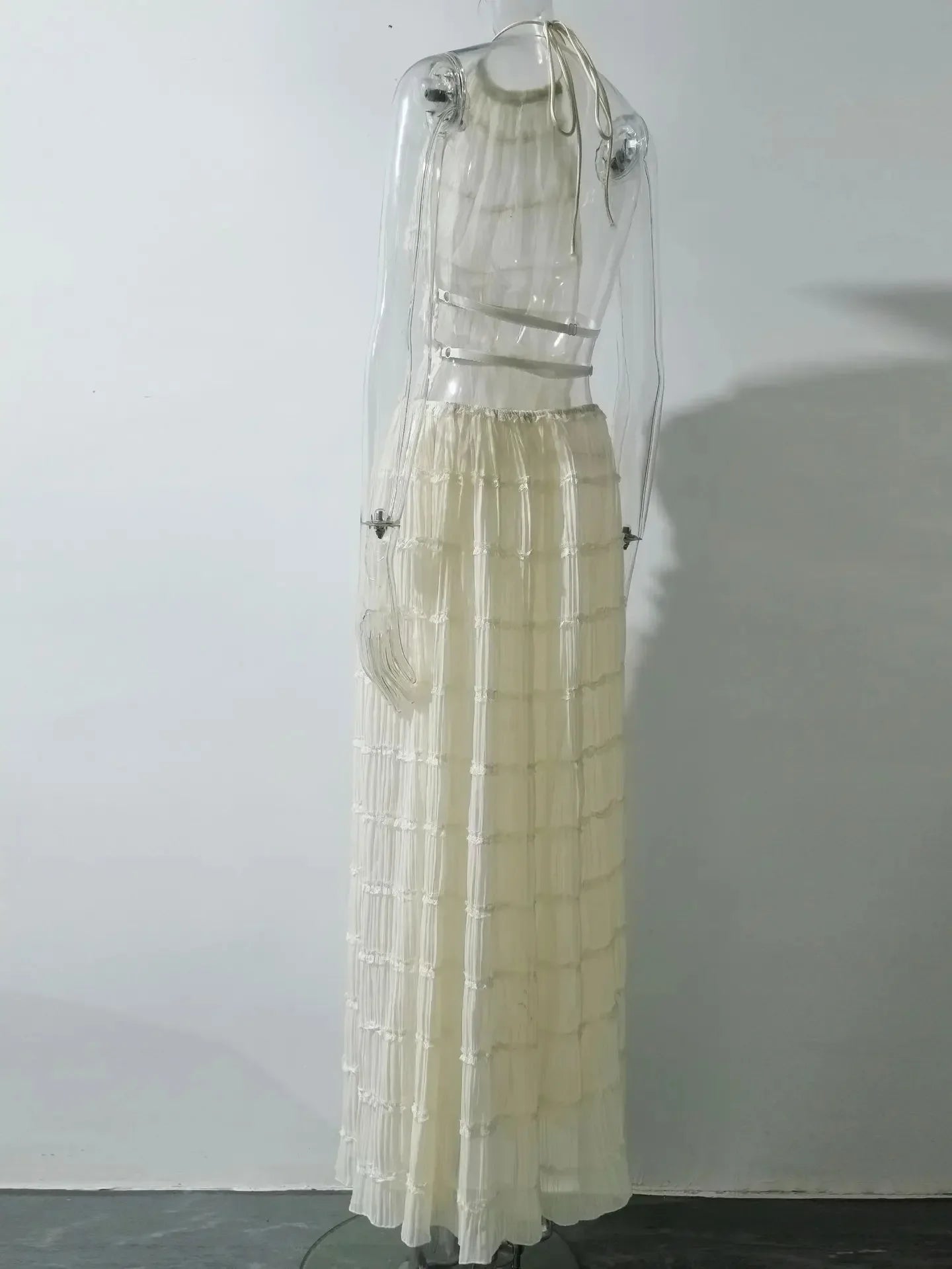 Fashion Halter Neck Long Skirt Suit Women Backless Sling Top Lace Up Fold Maxi Skirts New Summer Female 2 Piece Set Outfits