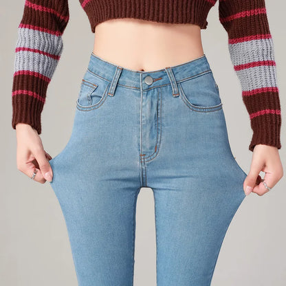 2024 Sexy Women Blue Slim Skinny Denim Jeans High Waist Elastic Mom Jeans Stretch Washed Pencil Pants Streetwear Tight Trousers
