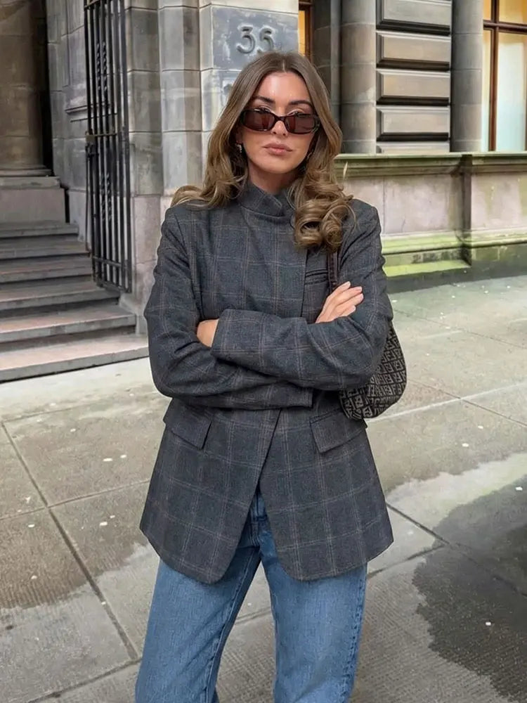 2026 Spring Blazer For Women Fashion Plaid Suit Coat Stand Collar Single Button Long Sleeve Jacket Female Fashion Streetwear