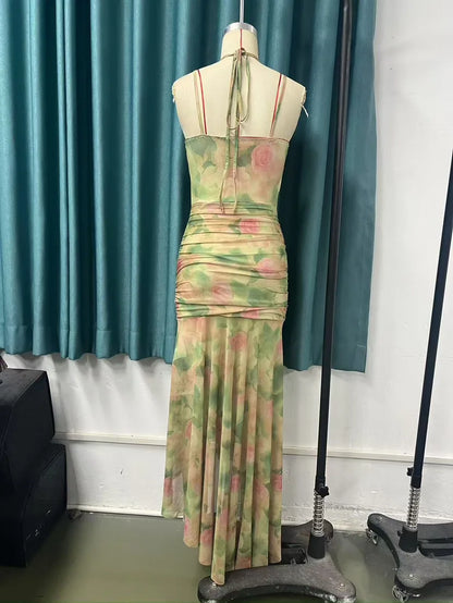 Sexy Sleeveless Floral Print Long Dresses Fashion Women Split Spaghetti Strap Summer Bodycon Casual Beach Evening Party Vestidos