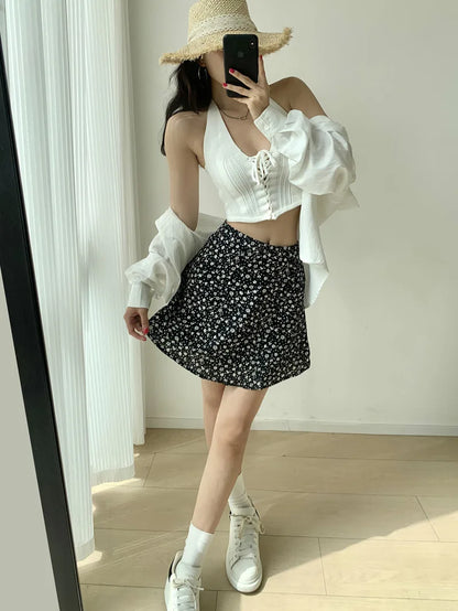 2024 Summer New Retro Vacation Style Small Floral Half Skirt High Waisted Wrap Buttocks Elegant Sweet Slim Short Skirt 06AH