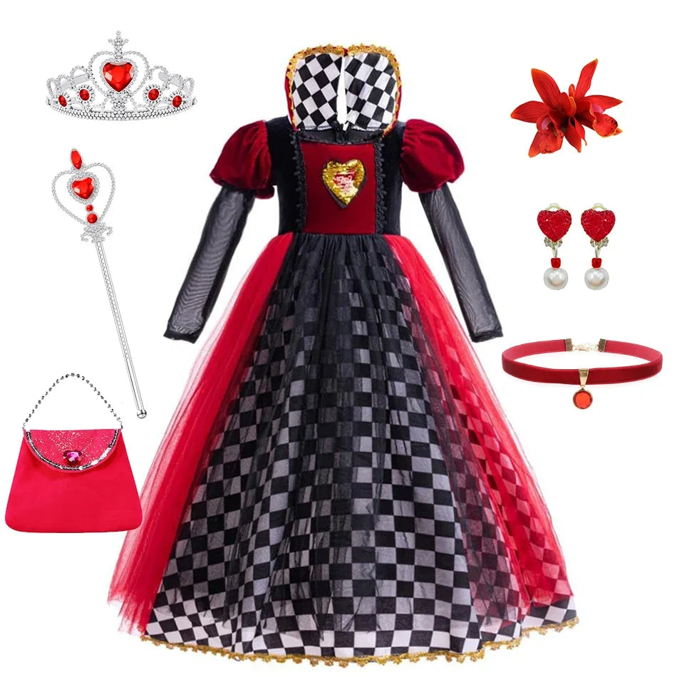 Girls Halloween Party Cosplay Red Queen Gown Clothes Kids Witch Long Sleeves Carnival Outfits Children Masquerade Fancy Costumes