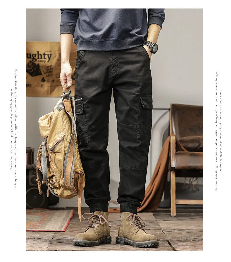 Length Men's Cargo Pant Cotton Stretch Casual Camouflage Trouser Male Camo Cuff Jogger Multi Zip Pocket Outfit Zipper Tied